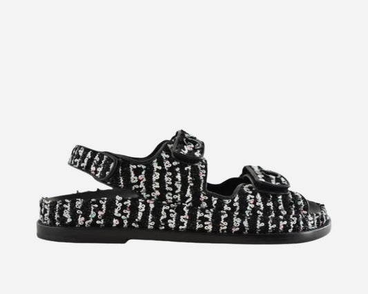 Chanel Black white tweeted Logo Slide Sandal